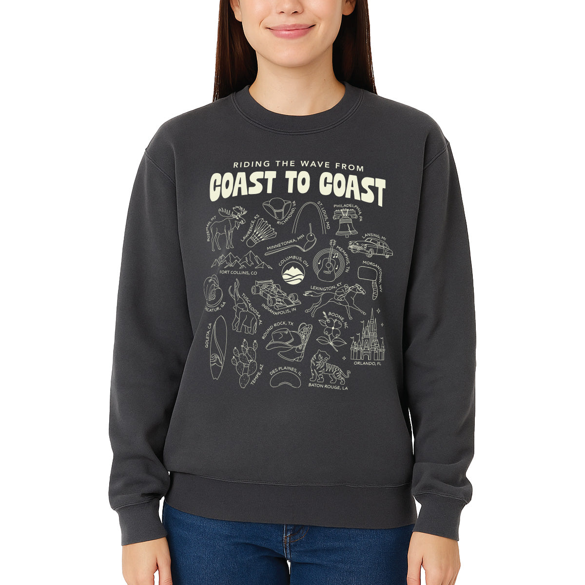 Ride the Wave from Coast to Coast Crewneck- Black